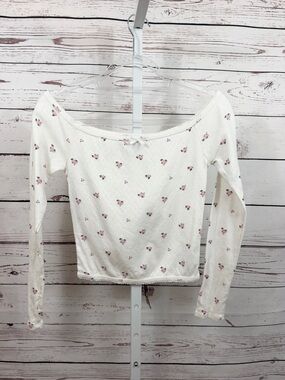 Forever 21 White Pink Ditsy Floral Off Shoulder Crop Top Long Sleeve Medium